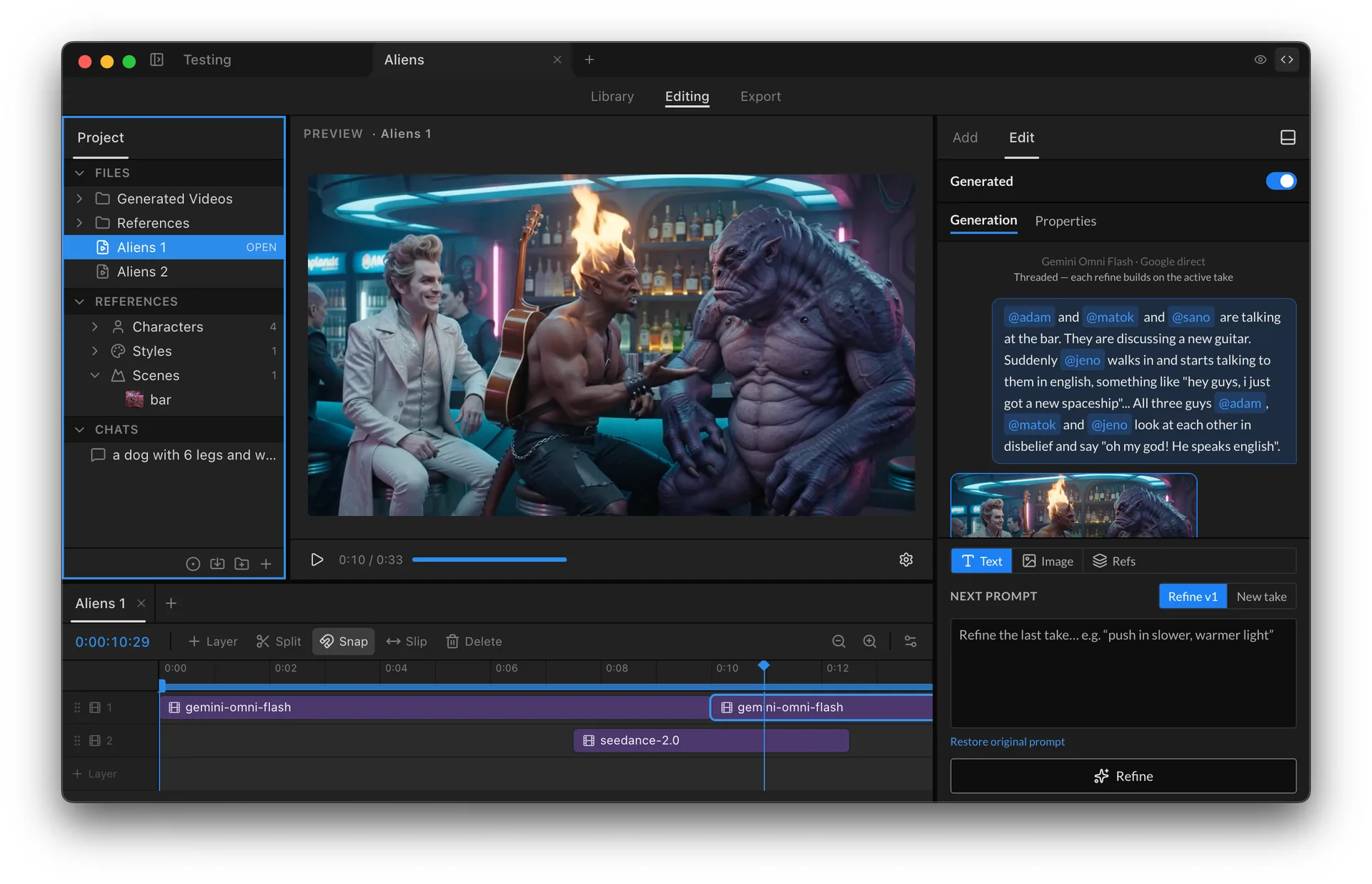 The Slop Composer app: a timeline editor with generated clips, a preview player, and word-by-word captions